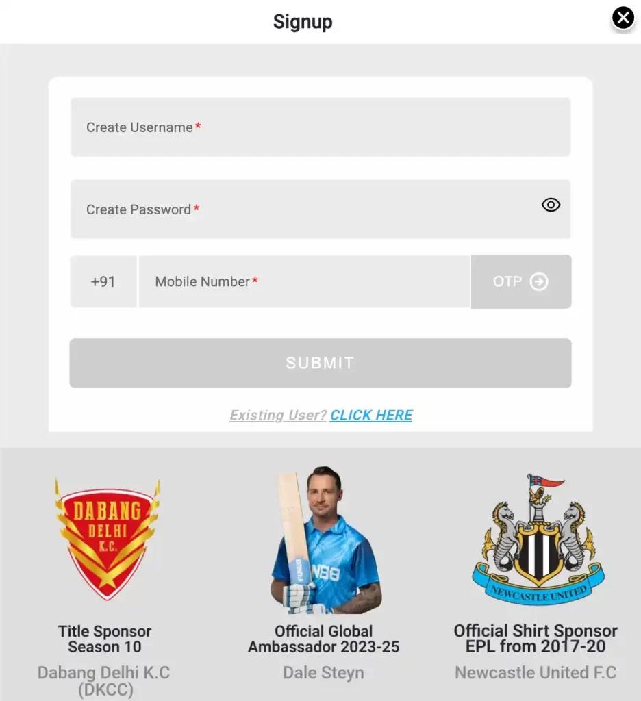 MI GAME registration form on mobile